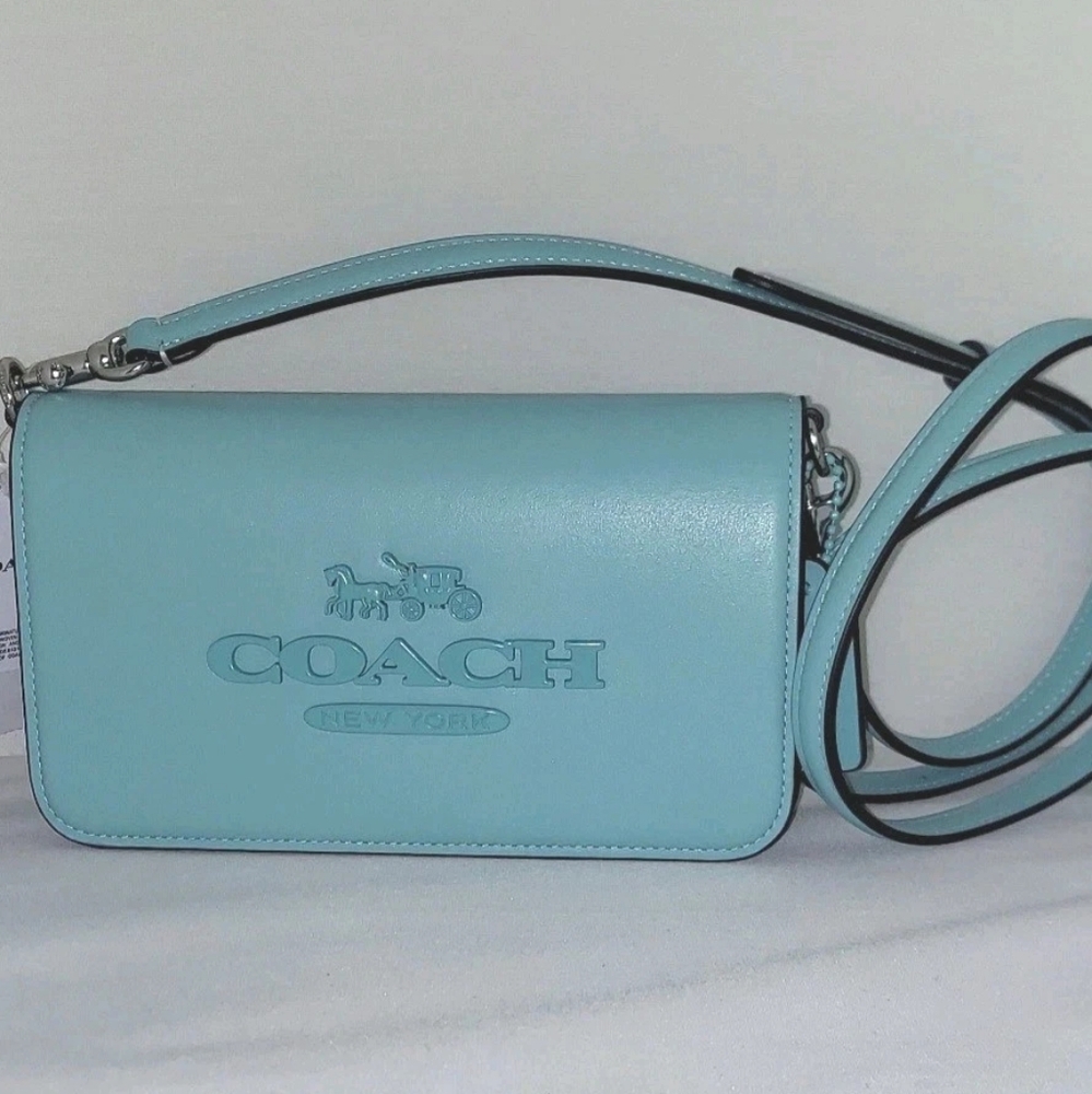 Coach Toni Smooth Leather Crossbody Shoulder Clutch Blue Silver Hardware CT778 - Picture 11 of 15